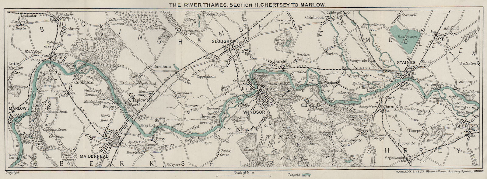 RIVER THAMES (2) Chertsey-Staines-Windsor/Slough-Bray-Maidenhead-Marlow 1912 map